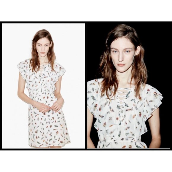 💕THE KOOPLES💕 Feather Print Silk Dress ~ Feather Print Large - Picture 1 of 16